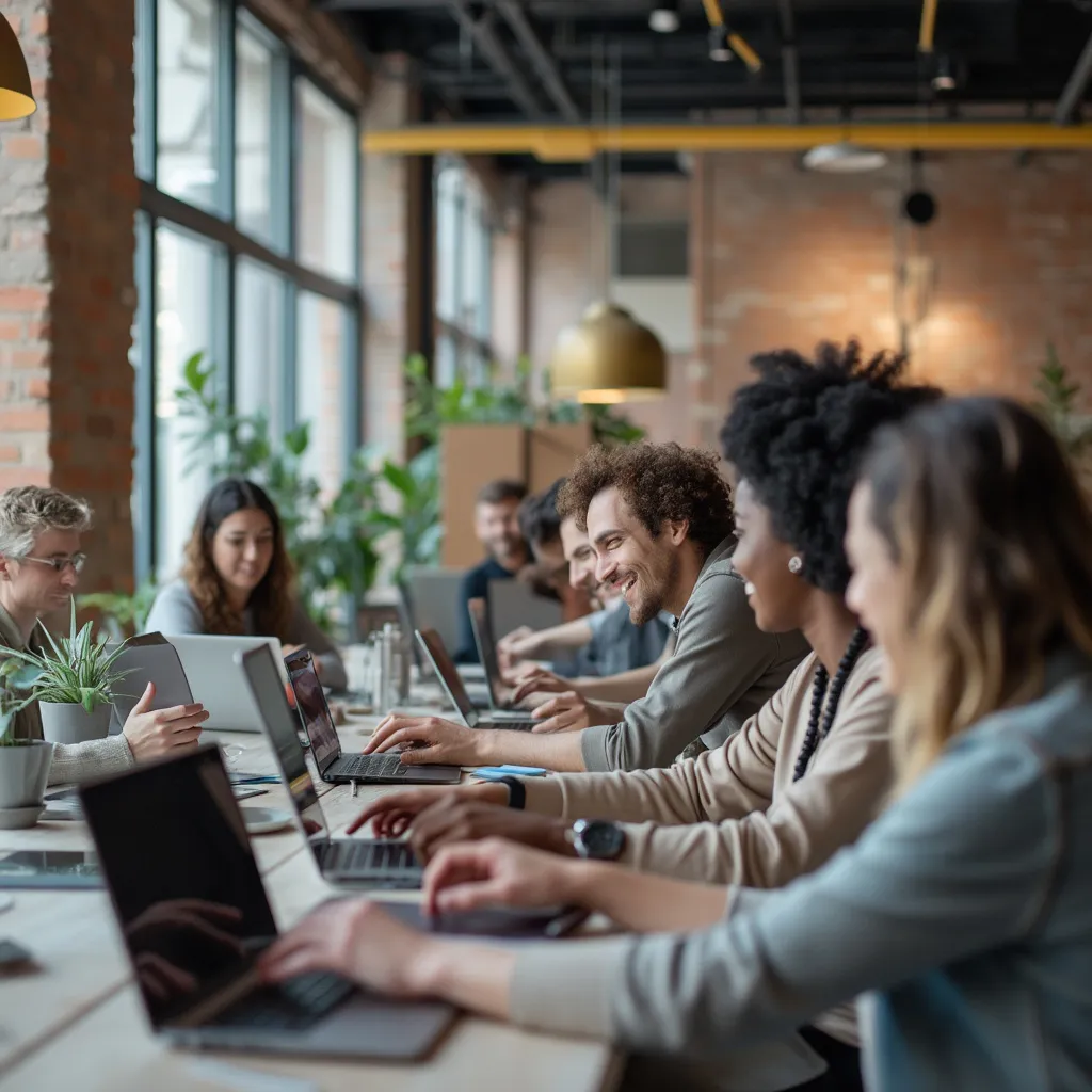 Personas trabajando en laptops en un espacio de co-working