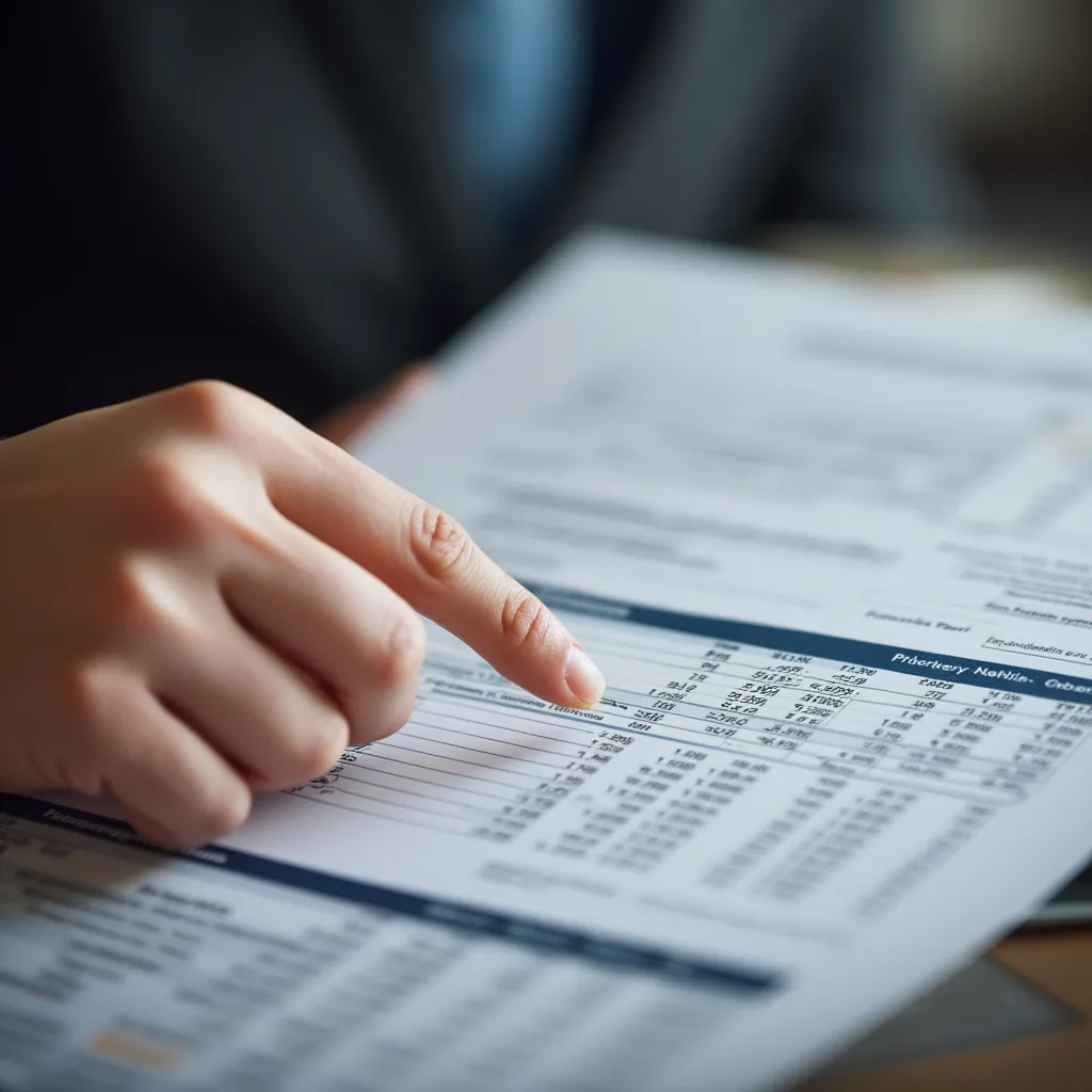 Mano señalando datos en una hoja de cálculo financiera